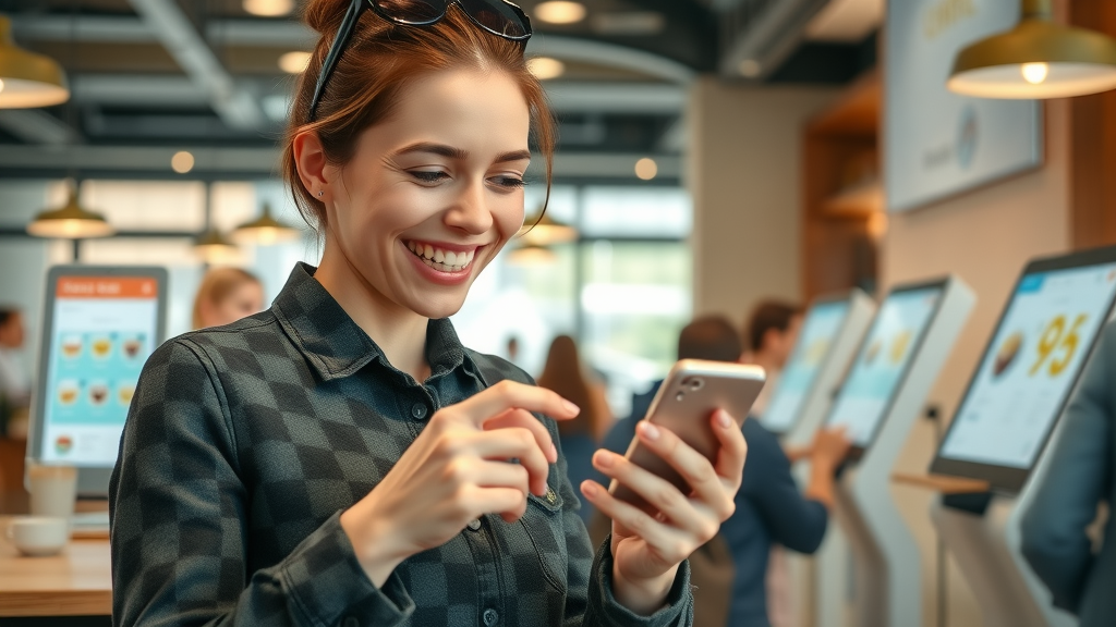 Customer enjoying a digital customer experience using a mobile app at a cafe