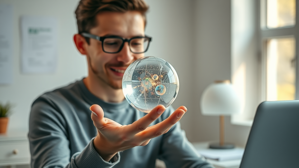 User-centered designer balancing a glowing digital sphere and a tactile object, thoughtfully engaging both elements, minimalist workspace
