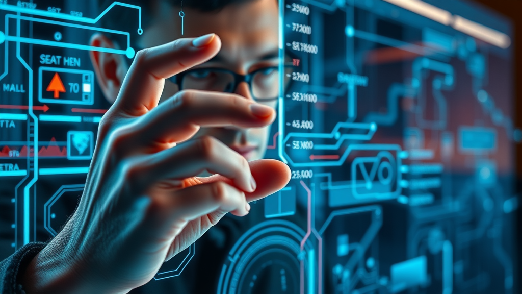 Intricate close-up of AI-driven data pathways and human hands adjusting search parameters, interacting with digital interface, virtual data streams over a cybernetic background