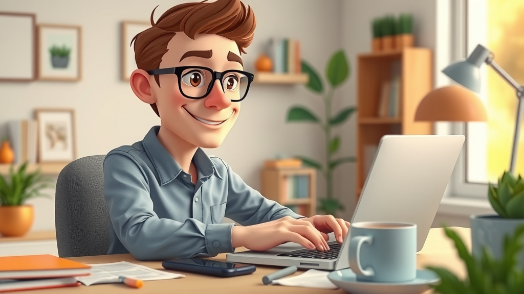 Copywriter creating quality SEO content for website in cozy home office