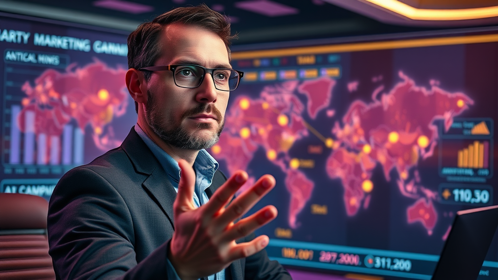Visionary digital marketer planning campaign with AI-powered analytics on a glowing digital map overlay