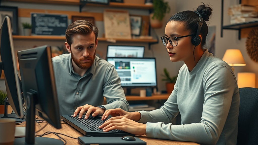 Modern content creators working alongside AI-powered writing assistants, collaborative workspace, creative tools, typing and reviewing content together