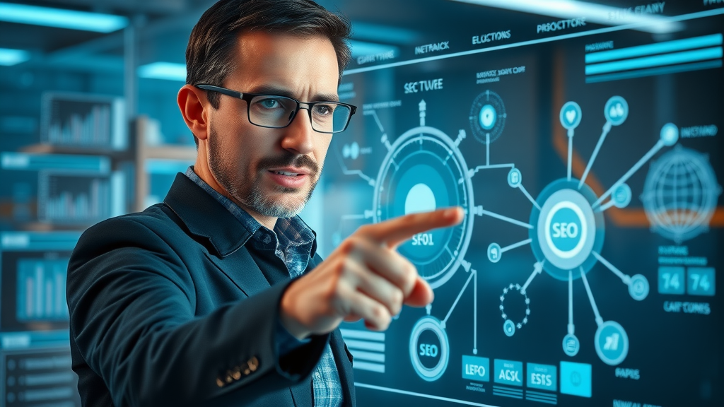 Strategic planner mapping out future-proof SEO strategies on a virtual screen, pointing at overlapping layers of AI insights and human ideas