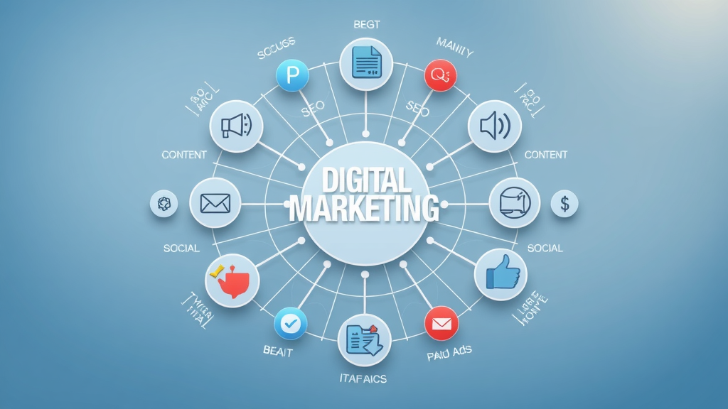 digital marketing strategy infographic showing SEO, content, social, paid ads interconnected