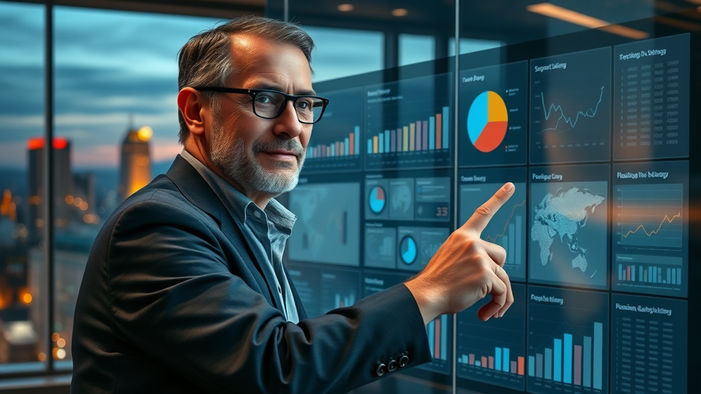 Seasoned SEO professional strategizing at a digital planning board, confident, pointing at complex SEO charts in a glass-walled boardroom