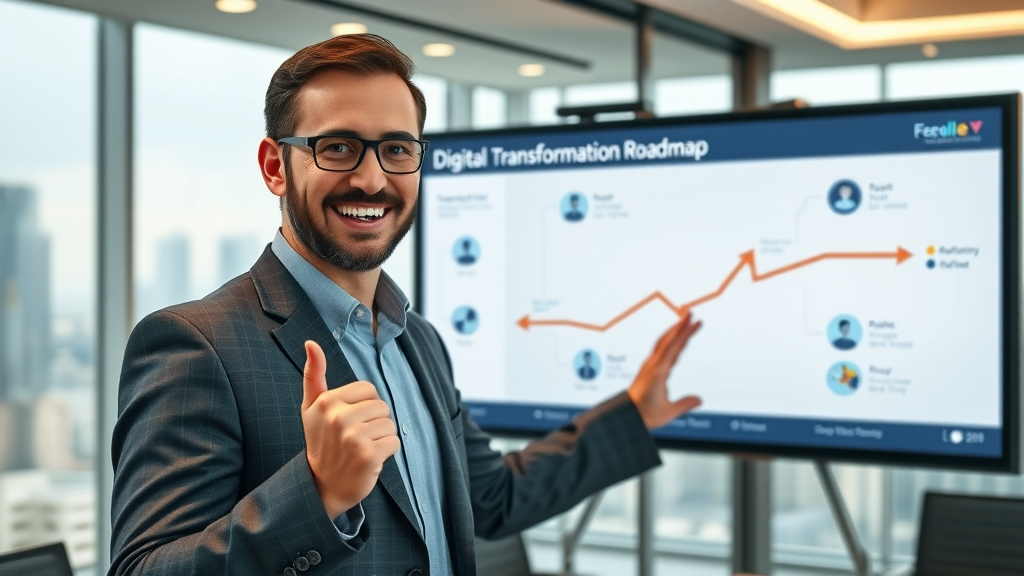 Executive presenting a digital transformation roadmap for strategic business change