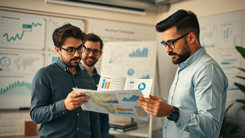 Small business team analyzing local SEO maps and keyword charts to increase local business visibility