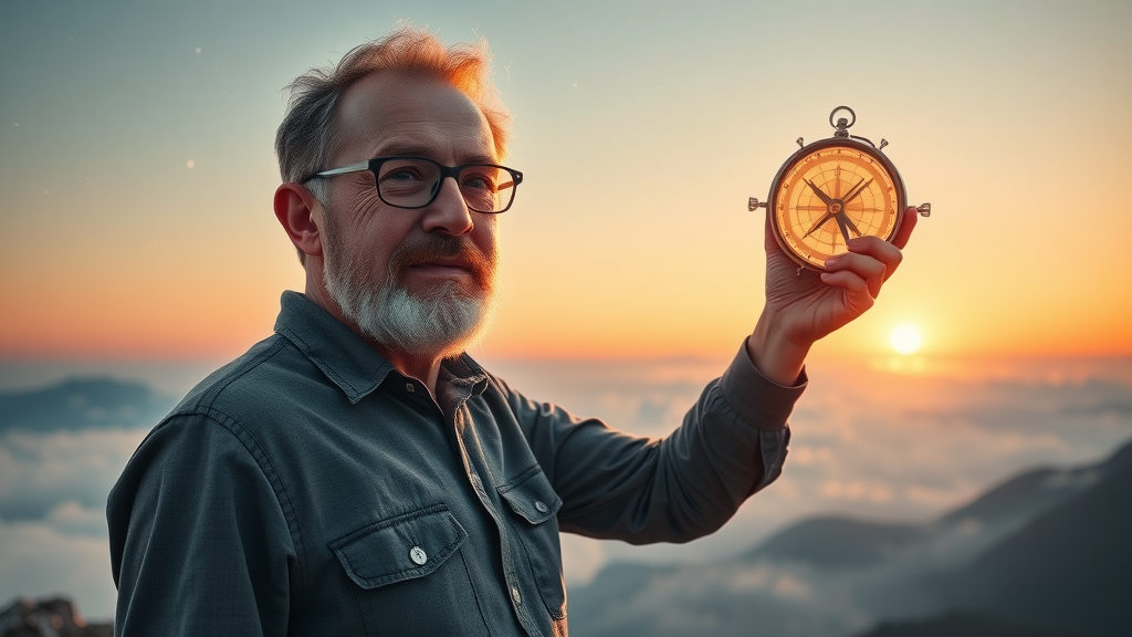 Inspirational portrait of a veteran SEO expert guiding a glowing digital compass, misty summit, stars and rising sun, energy lines connecting compass to horizon
