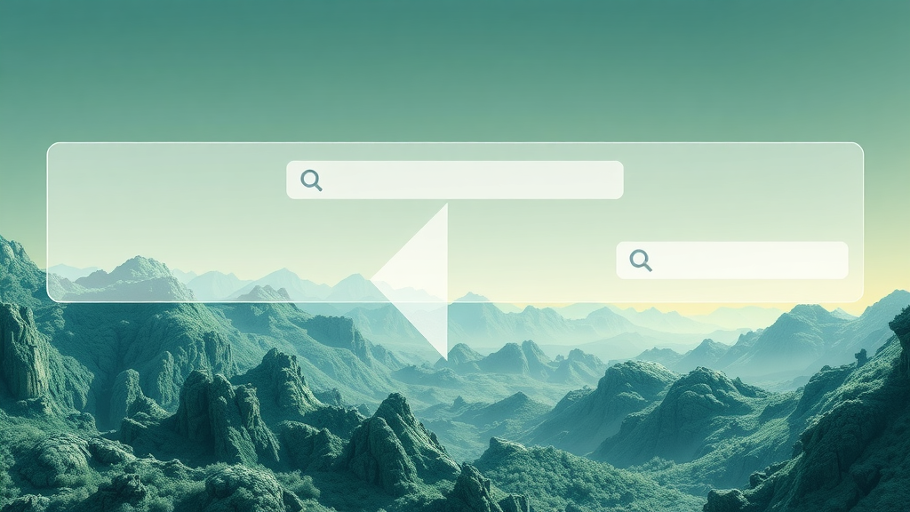 Dynamic illustration of transition from classic to AI-powered search engines, progression arrows, digital landscape blending organic and algorithmic motifs