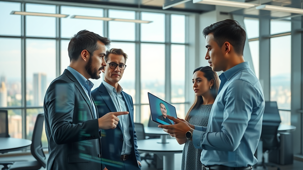 seo 2025 strategy modern digital workspace futuristic office marketers collaborating digital strategy panoramic cityscape