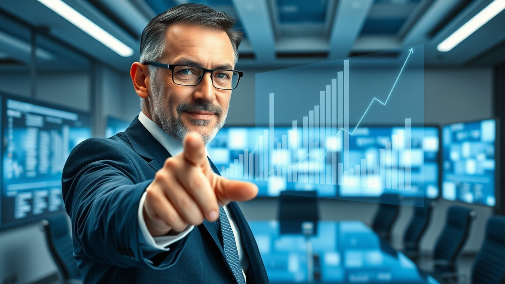 business leader pointing at growth graph with business growth strategy vision