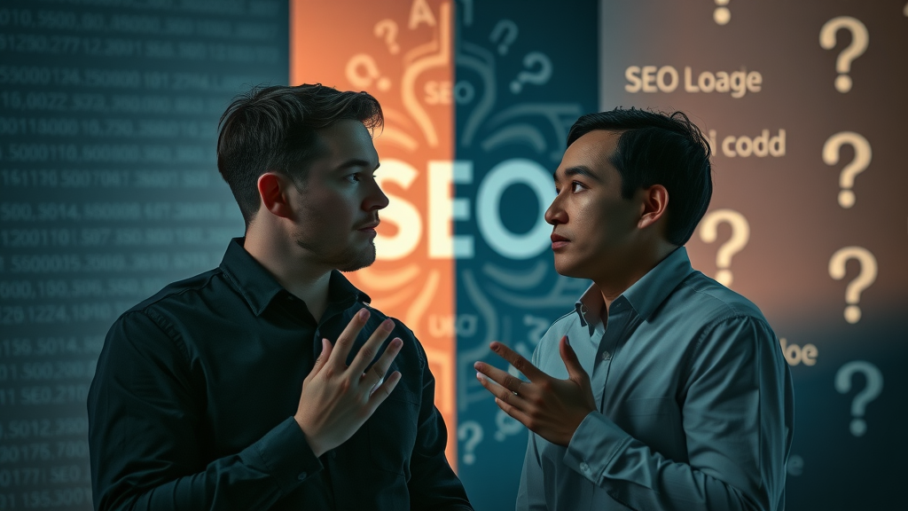 two marketers debating the risks and benefits of using AI in SEO for search engine optimization