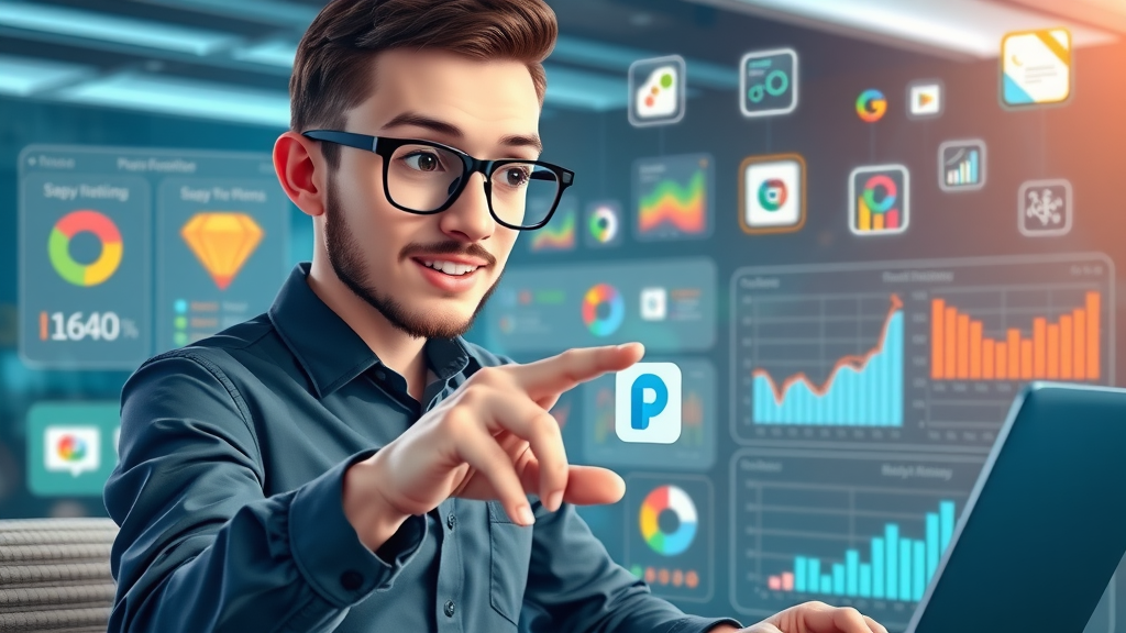 Composite interface of top AI marketing platforms, with digital marketer analyzing app dashboards and floating analytics icons
