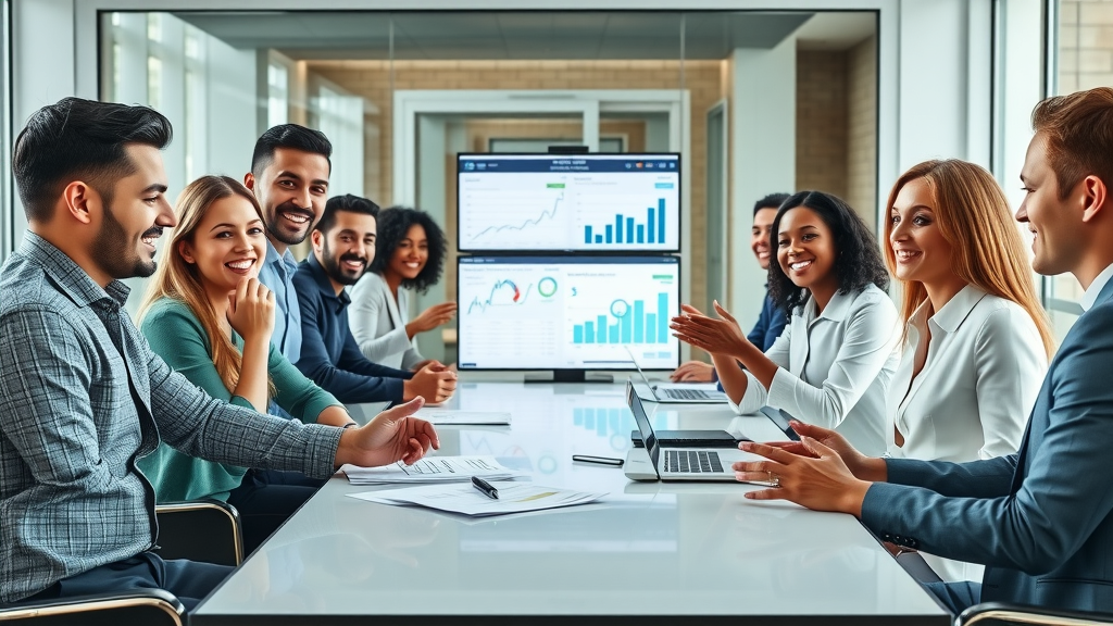 strategies for digital marketing team collaborating on modern marketing analytics in bright office