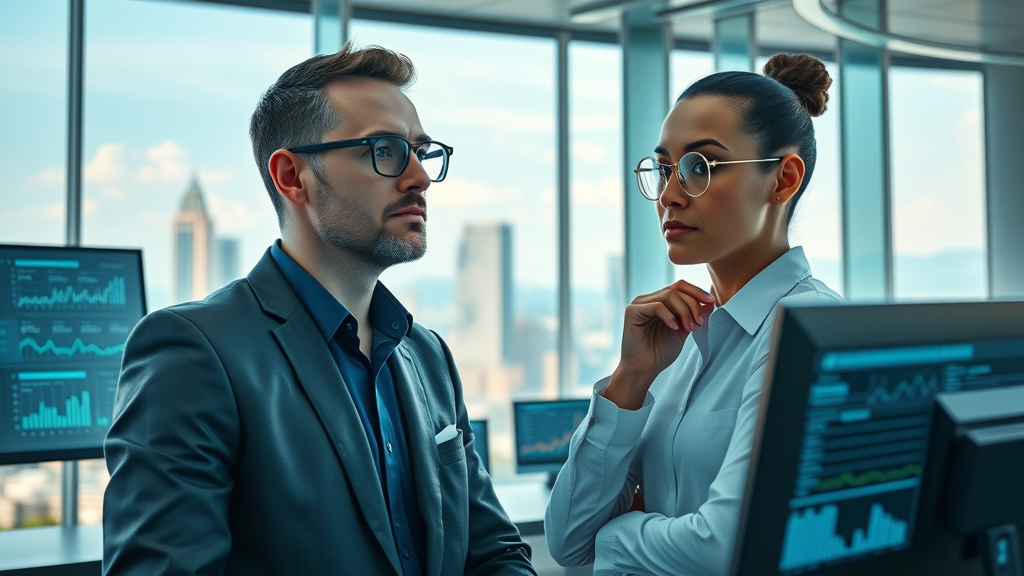will ai replace seo - Futuristic marketers in a high-tech office analyzing AI-driven analytics on digital screens, cityscape visible through panoramic windows, monitors displaying search algorithm flows