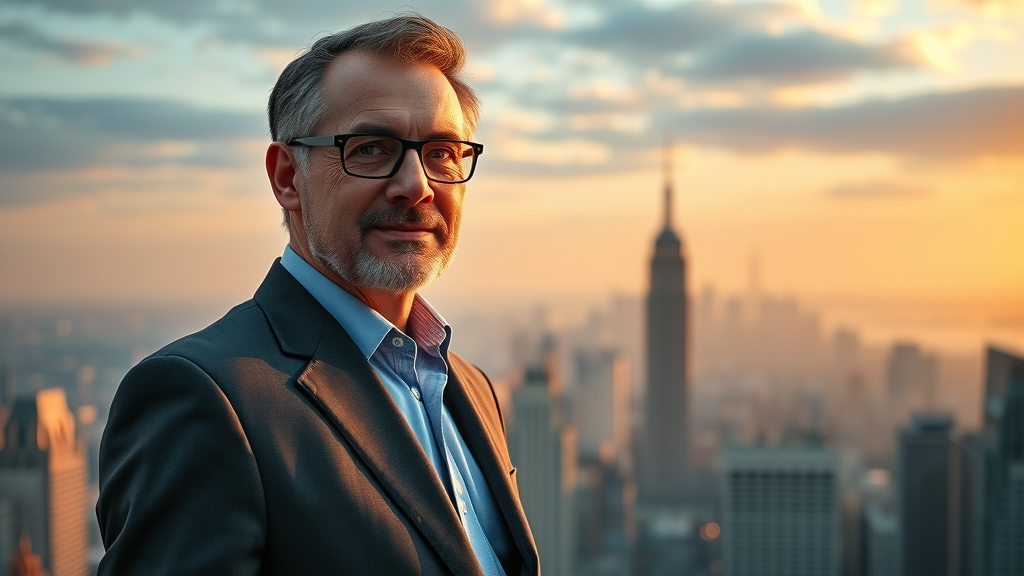 Visionary business leader embracing AI in digital marketing against a panoramic digital cityscape
