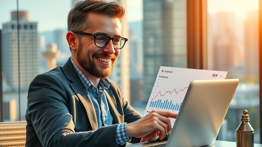 successful business owner reviewing improved SEO results - search engine ranking uplift