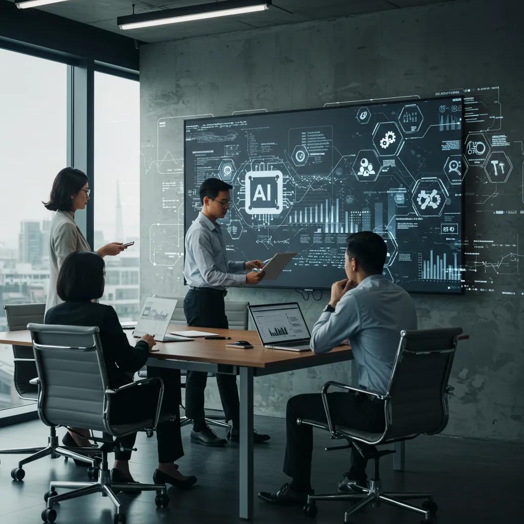 Marketing team analyzing AI-driven strategies in a conference room
