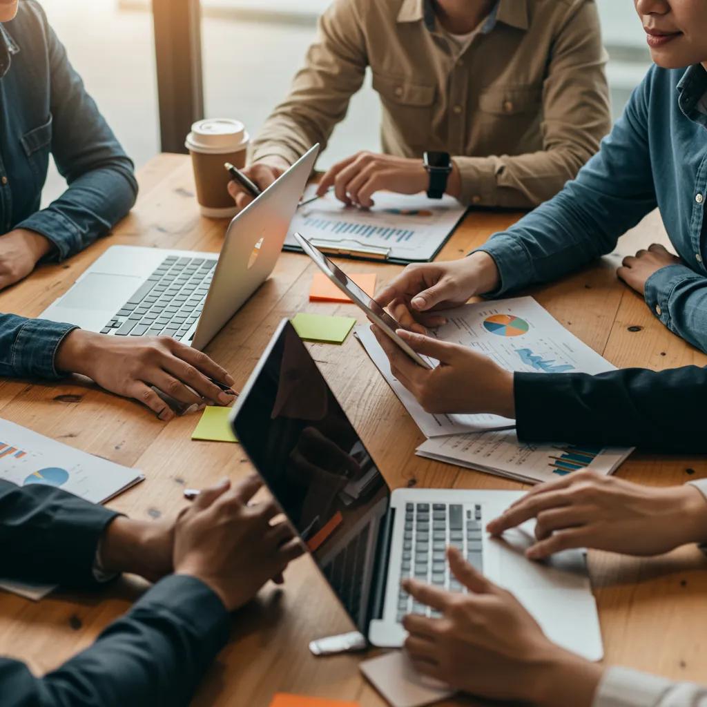Small business team collaborating on AI marketing tools in a modern workspace