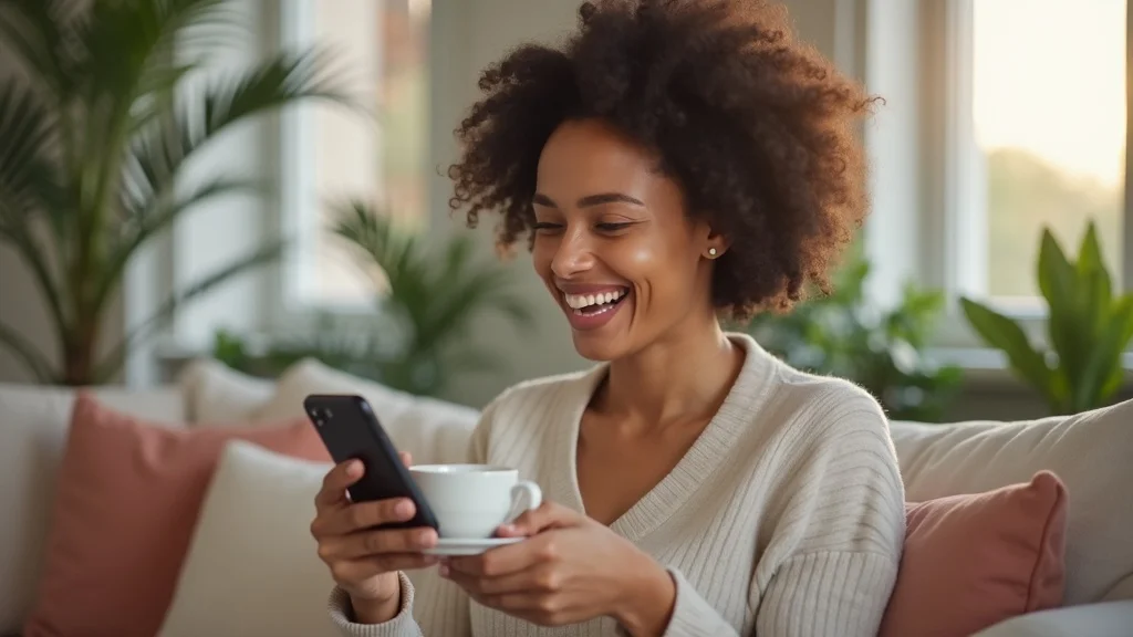 Customer pleasantly surprised by a personalized review request on their smartphone, happy to provide Google review at home
