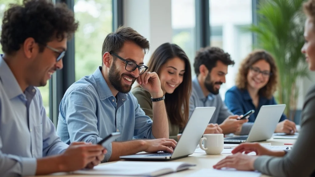 Customers reading online product reviews and Google reviews together in a modern office, smiling and using laptops and smartphones