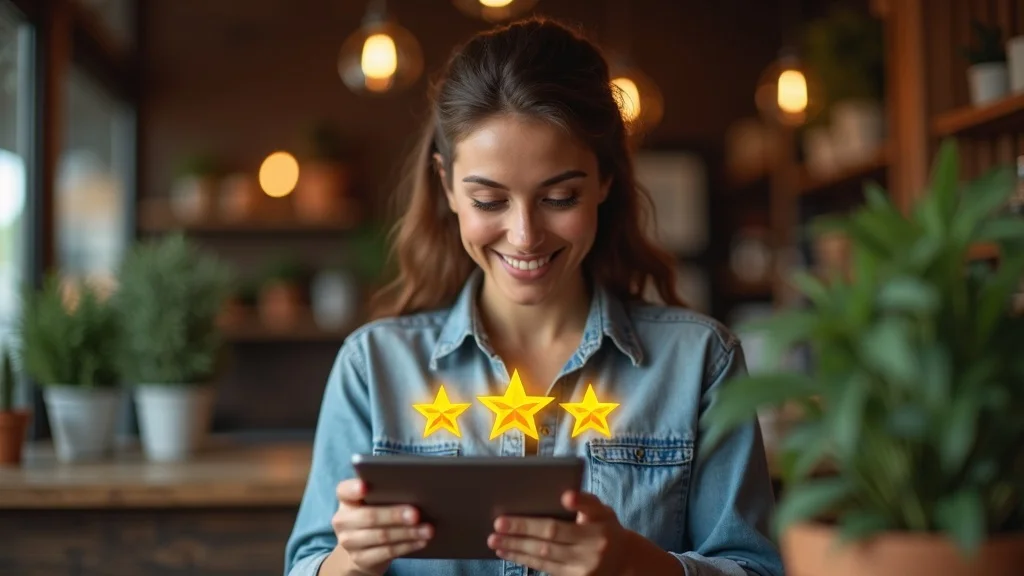 Business owner smiling at Google reviews and positive customer reviews on a tablet in their shop