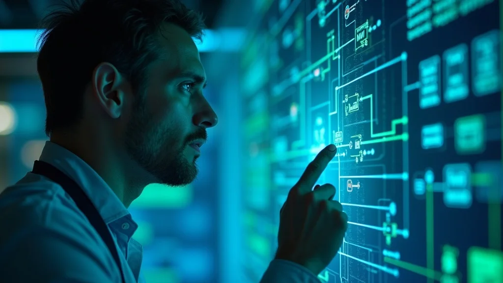 AI neural network interface with answer engine and search algorithms, glowing data nodes, modern server room