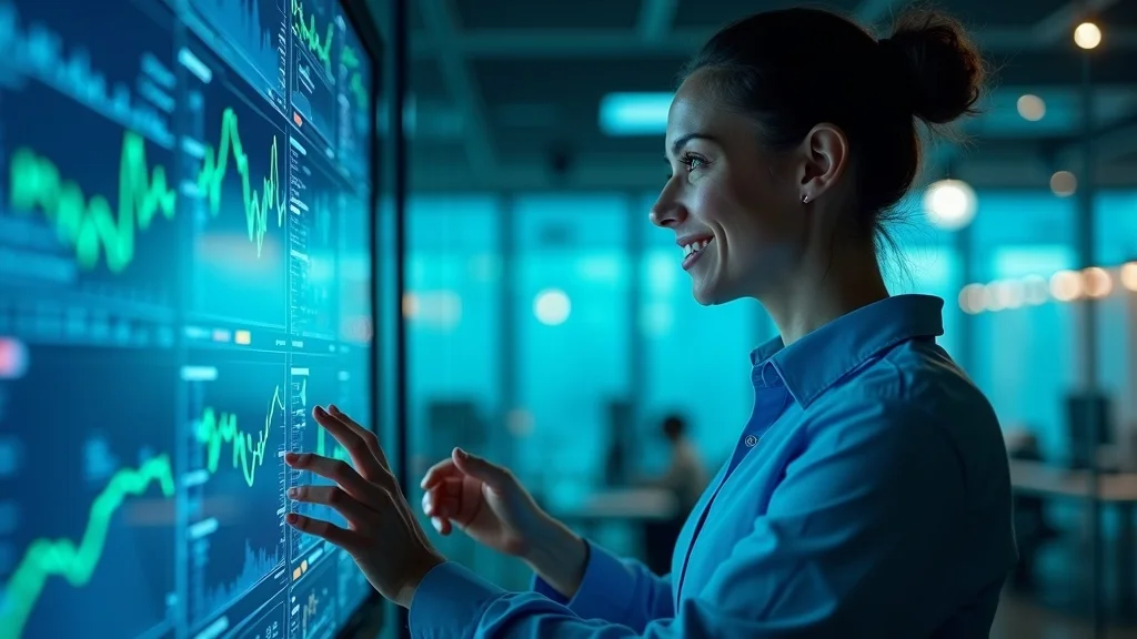 AI LLM optimization professional analyzing data visualization dashboard in a modern office with answer engine and search algorithm performance charts