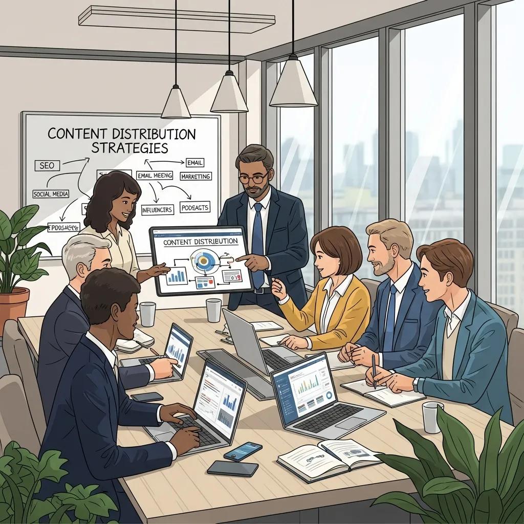 Professionals collaborating on content distribution strategies in a modern office