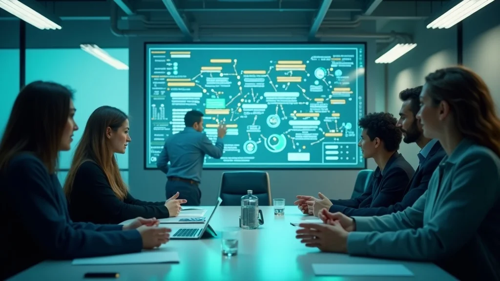 Futuristic AI search flowchart — marketers collaborating on SEO and schema markup for AI search results in a digital meeting room