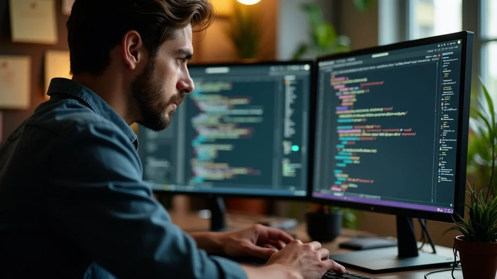 developer implementing schema markup and structured data for google ai overview eligibility on dual monitors