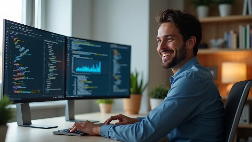 Web developer implementing schema markup and structured data for AI search results in a clean, modern workspace