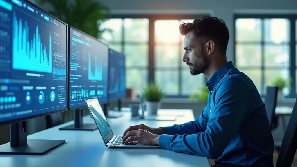 AI search result analytics in a modern tech workspace — a business professional analyzing how to appear in ai search results with dynamic AI interface visuals