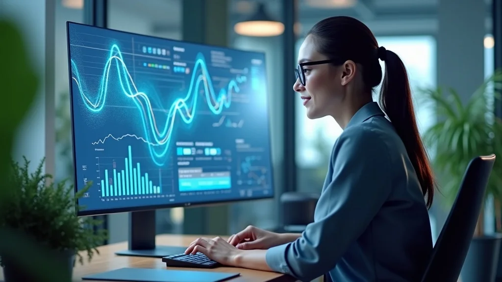 Modern business owner looking at AI graphs, confident about how to get my business mentioned by AI