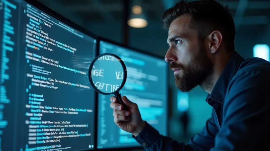 Technical specialist auditing website code, thoughtful expression, magnifier overlay, LED-accented high-tech office, photorealistic, sharp focus, 24mm lens.