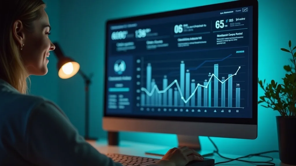 Sleek digital analytics dashboard for AI SEO and AI visibility, home office setting, computer screen with growth graphs, photorealistic, cool blue-green palette, soft LED lighting, 85mm lens.