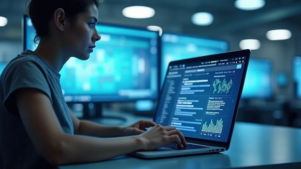 Dynamic digital landscape with AI search engine interface, user analyzing ai answers, photorealistic, clean office workspace, interactive charts and AI icons, high depth of field, crisp textures, cool blue and white palette, 35mm lens style.