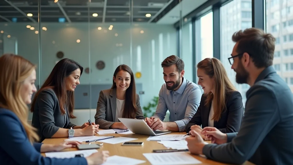 Diverse digital marketing team collaborating on SEO strategies, glass conference room, reviewing authority factors on tablet, awards and certifications in background, photorealistic, wide-angle lens.