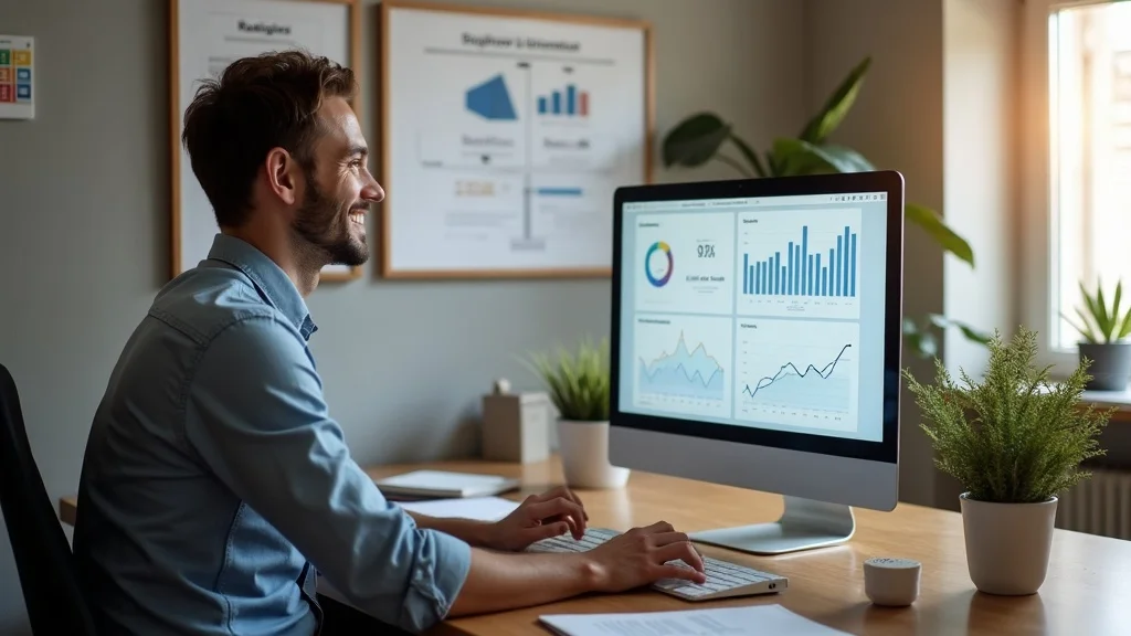 Webpage analytics dashboard showing success in AI overviews, optimistic professional smiling at results, motivational decor, photorealistic, upward-trending charts, 35mm lens.