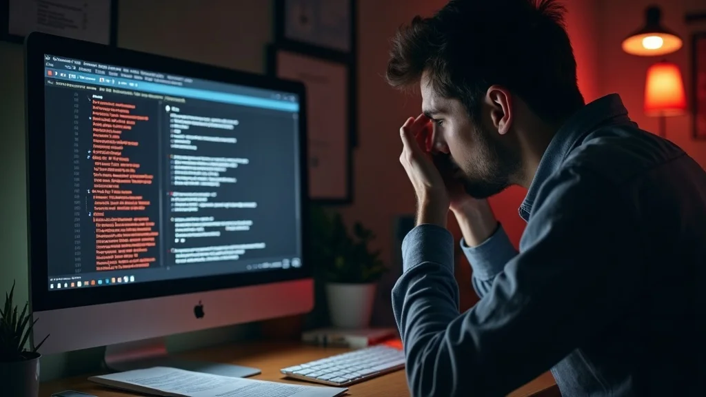 Frustrated website manager reviewing error report, concerned face, hands on head, computer screen with digital error signs, photorealistic, red-orange palette, expressive, 35mm lens.